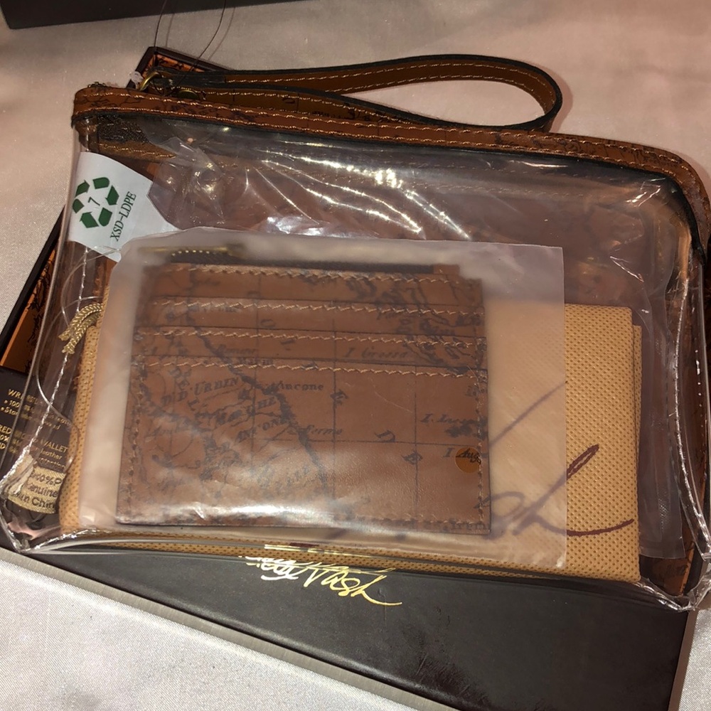 Patricia Nash 2PC Set Clear Wristlet & Card Case Leather Signature Map NWT